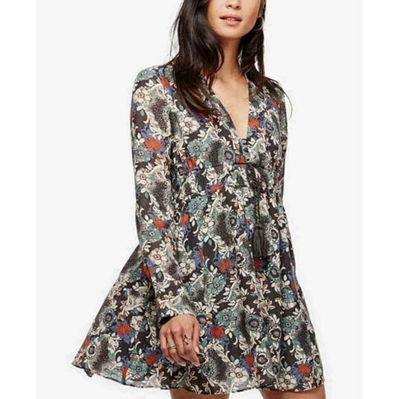 Free People Stealing Fire Floral Print Mini Dress‎ Boho V-Neck Long Sleeve Tunic - Picture 1 of 10
